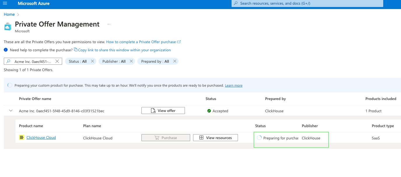 Azure Marketplace Private Offer Management 페이지 로딩 중